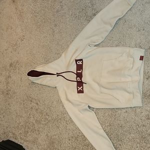 Beige hoodie with maroon accents
